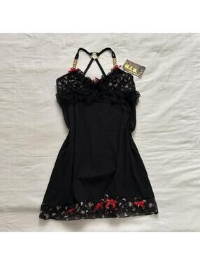 NWT D.i.a. Black red lace babydoll mini dress red bows floral print gold rings